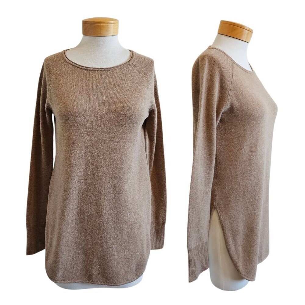 Halogen Tan Wool Cashmere Blend Rounded Hem Classic Pullover Tunic Sweater S